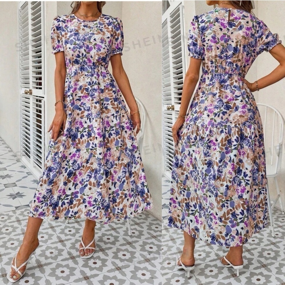 Floral Print Short Sleeve Midi Dress Large - Picture 1 of 7